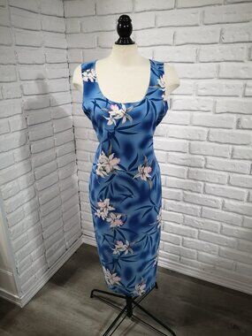 Looking Good Women's Size 2X Sleeveless Blue w/ Floral Print Straight Fit Dress